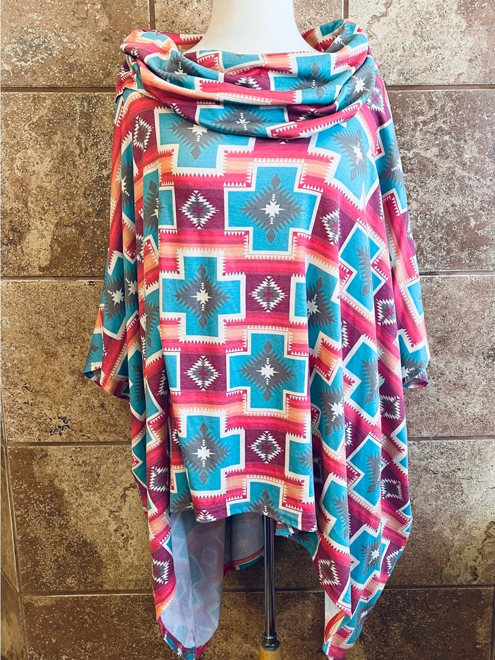 Crazy Train Aztec Cowl Neck Poncho Top - Teal & Pink—One Size